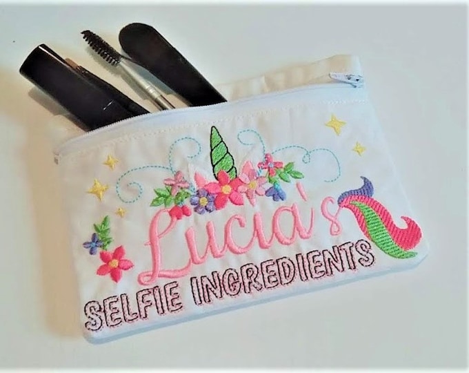 Unicorn selfie ingredients cosmetic Pouch Pocket ITH in the hoop zip bag Floral Unicorn horn Machine Embroidery designs In-The-Hoop 5x7 6x10