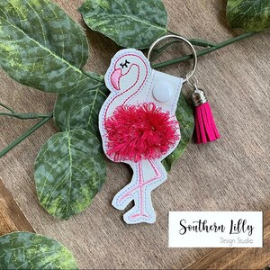 Fringed Flamingo key fob snap tab in the hoop machine embroidery designs pretty bird ITH project keyfob key tab keychain kids girl bag tag image 5