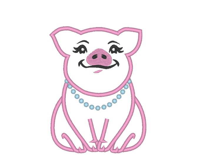 Pig Applique Embroidery Designs  Piggie with Necklace Machine Embroidery design - 4, 5, 6, 7, 8 inches