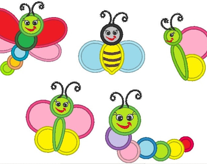 Simple Pretty Bugs - machine embroidery appliqué designs, 5 various - 4x4, 5x7, 6x10