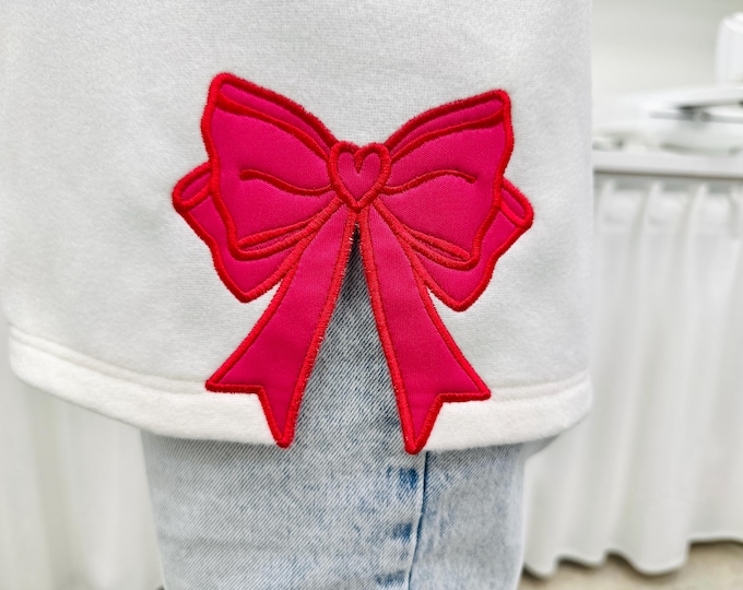 Simple split seam Side Bow Heart hHeirloom Applique machine embroidery designs Valentine Ribbon Girly Bow sizes 4 up to 8 inch sweatshirt