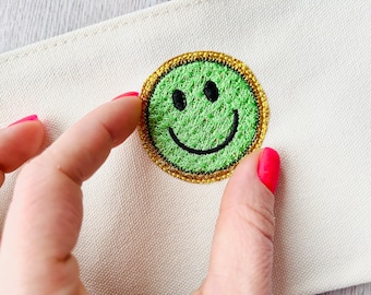 Happy Face Faux patch chenille stitches and Glitter HTV scraps glitter vinyl machine embroidery designs size 2 inches, happy face