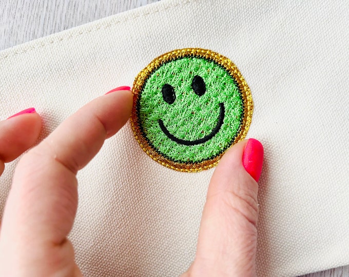 Happy Face Faux patch chenille stitches and Glitter HTV scraps glitter vinyl machine embroidery designs size 2 inches, happy face