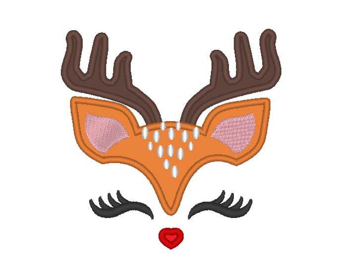 Pretty eyes Reindeer Face Christmas Machine Embroidery applique Design Red noised Reindeer head