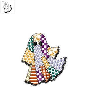 May include: A colorful patchwork ghost design with various patterns and colors, including orange, purple, green, and lavender. The ghost has black eyes and a black lace trim. The design is approximately 4.24 x 4.96 inches.