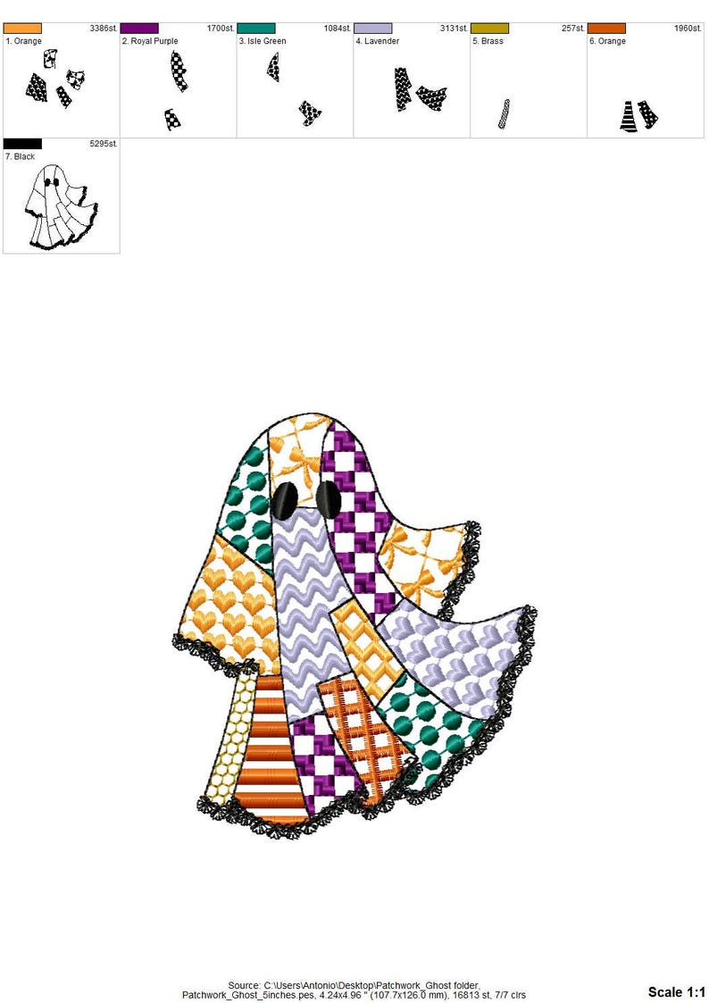 May include: A colorful patchwork ghost design with various patterns and colors, including orange, purple, green, and lavender. The ghost has black eyes and a black lace trim. The design is approximately 4.24 x 4.96 inches.