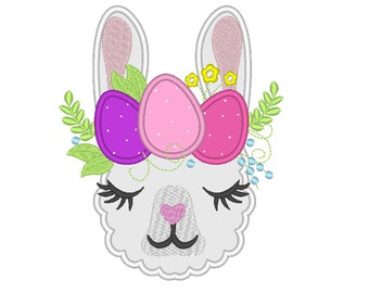 Easter llama alpaca, triple eggs, three eggs, llama alpaca head with shabby chick floral crown, lama face applique machine embroidery design