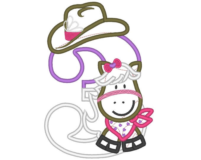 Little Cowgirl Number 3, only one any number 3 - machine embroidery applique design  5x7