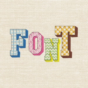 May include: The word "FONT" is spelled out in colorful, patterned letters. Each letter has a different pattern, including checkered, polka dot, wavy, and plaid.