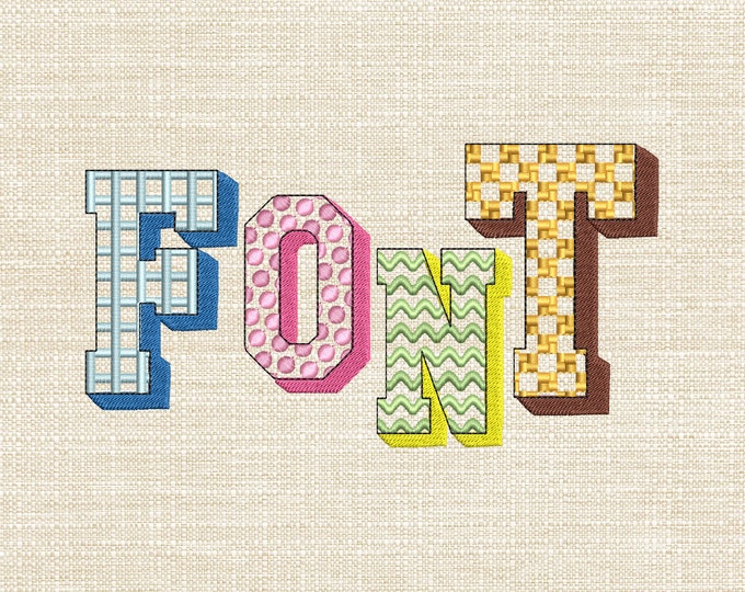 SET of 4 Patterned Fonts Dots Checks Waves and Cubes alphabet letters & numbers machine embroidery design assorted sizes combine and merge