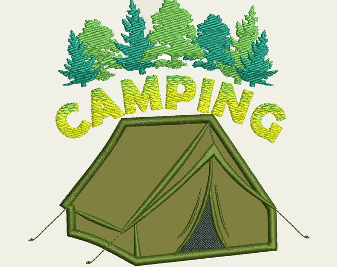 Camping tent applique machine embroidery designs wild and free camping tent in forest summer holidays trip for hoop 4x4, 5x7 and 6x10