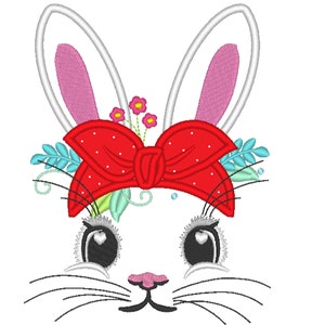 Easter Bunny face with heifer bandanna with little polka dot, bunny ears, bunny face applique machine embroidery design hoop 4x4, 5x7, 6x10