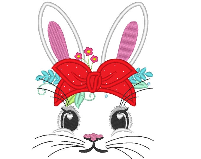 Easter Bunny face with heifer bandanna with little polka dot, bunny ears, bunny face applique machine embroidery design hoop 4x4, 5x7, 6x10