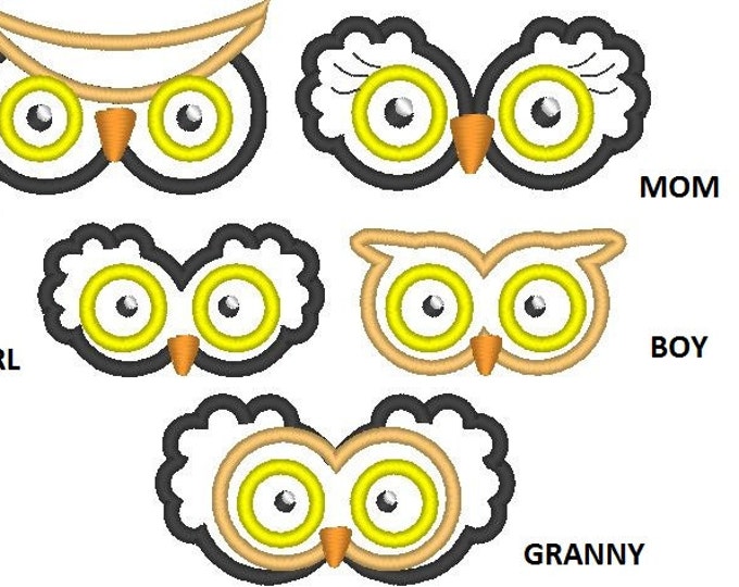 Family owl eyes - machine applique designs,set and multiple sizes 4x4 and 5x7  INSTANT DOWNLOAD