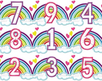 Cute Rainbow Birthday Numbers machine embroidery applique designs size 5, 6, 7 inches, rainbow in clouds numbers from 1-9 INSTANT DOWNLOAD