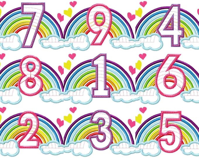 Cute Rainbow Birthday Numbers machine embroidery applique designs size 5, 6, 7 inches, rainbow in clouds numbers from 1-9 INSTANT DOWNLOAD