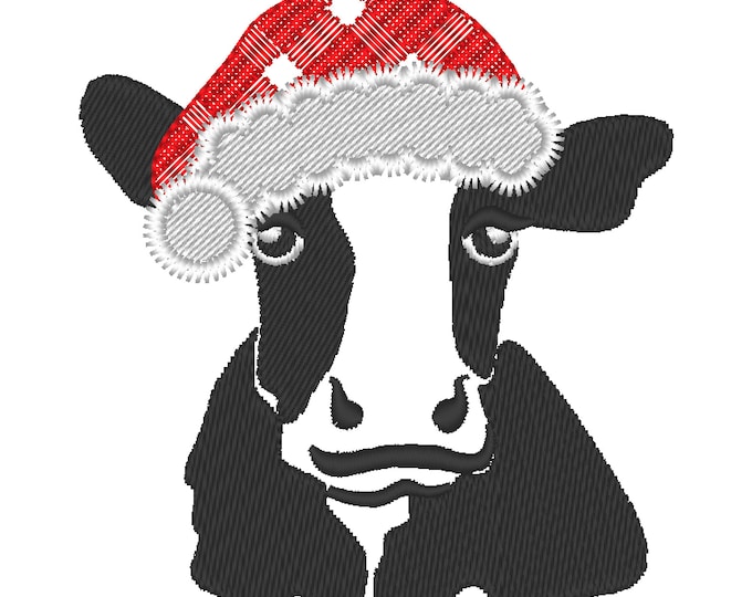 Merry Christmas gingham tartan check old fashioned classic cow silhouette Santa hat Kitchen dish towel machine embroidery designs many sizes