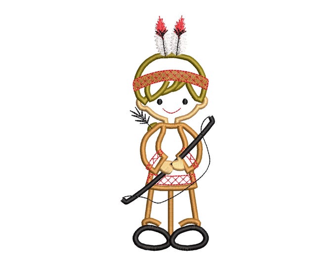 Boy Indian Applique machine embroidery designs in multiple sizes for hoop 4x4  5x7 and 6x10 little toddler boy with bow arrow feather