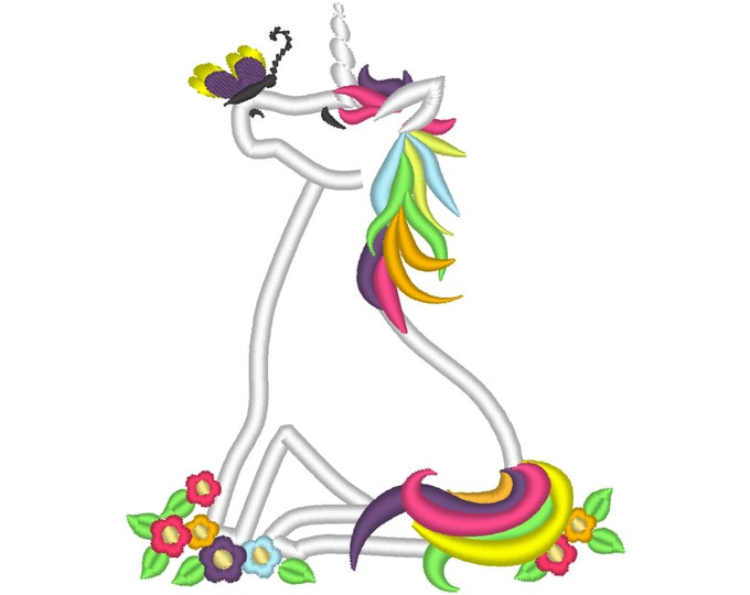 Rainbow unicorn with Butterfly - applique machine embroidery designs and fill stitch design assorted sizes magic pretty horse girl