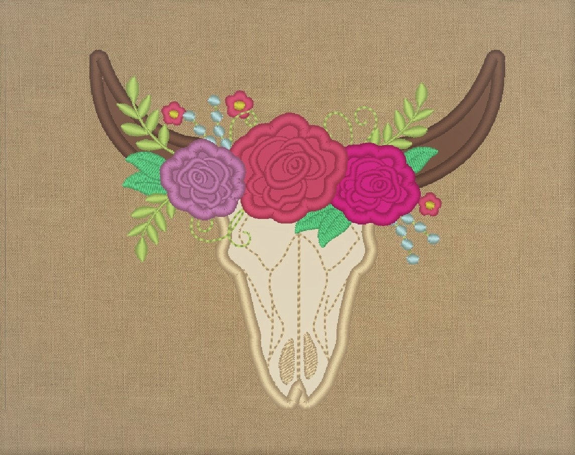 Steer head with shabby chick roses crown applique floral bull skull