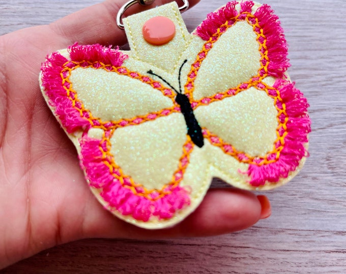 Fringed Butterfly key fob snap tab in the hoop ITH machine embroidery designs for hoop 4x4, Butterfly keyring, keychain summer gift idea