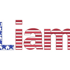 Puede incluir: El nombre "Liam" está escrito en rojo, blanco y azul, asemejándose a la bandera estadounidense. La letra "L" está hecha de estrellas azules sobre un fondo blanco, mientras que las letras restantes están hechas de rayas rojas y blancas.