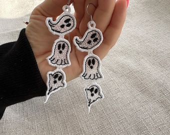 Spooky Ghosts in a row dangle Earrings ITH in the hoop FSL freestanding lace machine embroidery designs Halloween Ghost scary girls outfit
