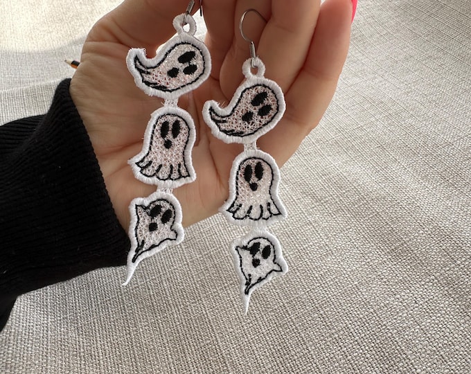 Spooky Ghosts in a row dangle Earrings ITH in the hoop FSL freestanding lace machine embroidery designs Halloween Ghost scary girls outfit