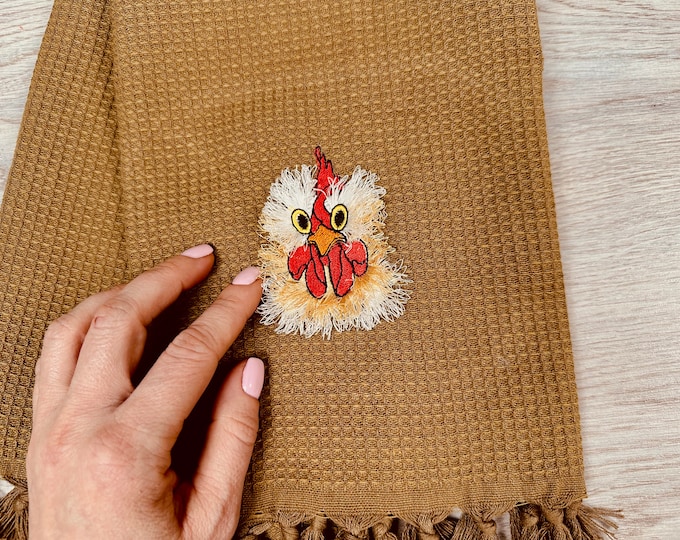 Chicken fringed fluffy chenille farm bird Chicken Head face machine embroidery designs awesome fringe fur chicken kitchen towel design