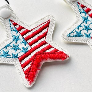 Patriotic 4th July American flag Fringed key fob snap tab ITH in the hoop machine embroidery design for hoop 4x4 5x7 key chain ITH project
