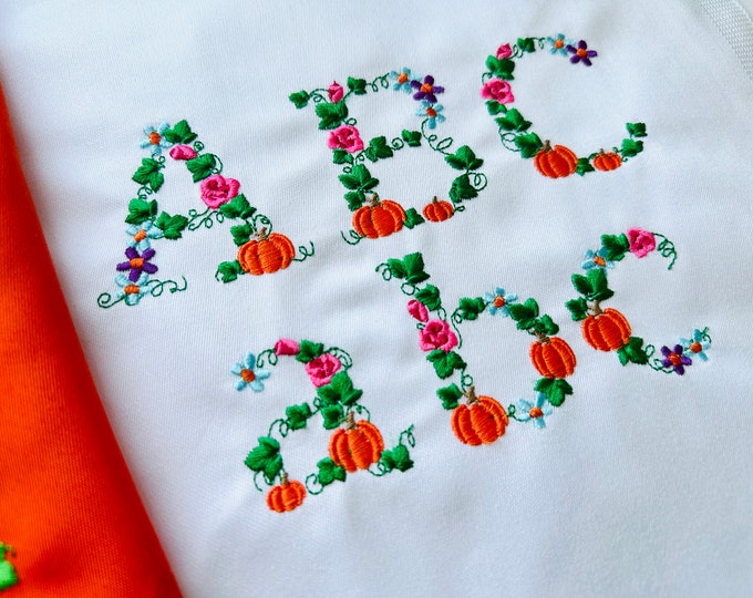 Pumpkin Floral Font Thanksgiving alphabet uppercase lowercase letters monogram flowers font machine embroidery designs BX small mini floral