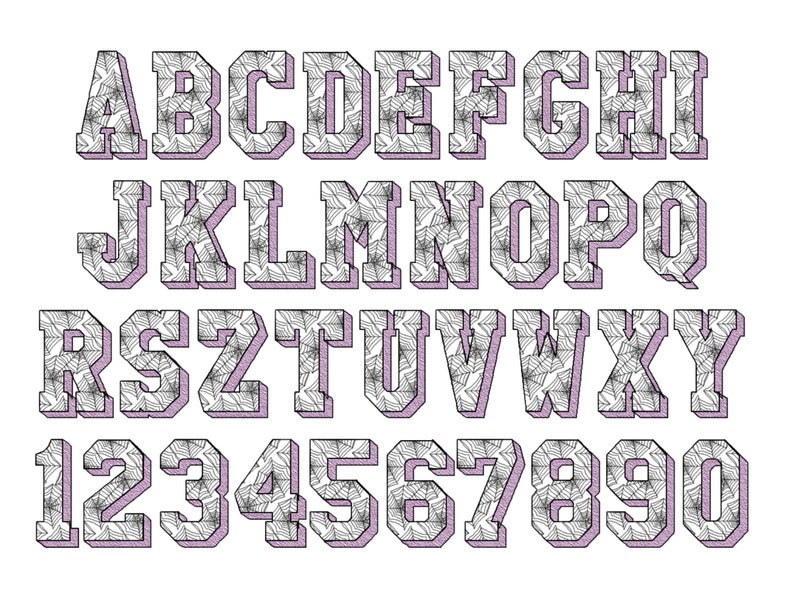 May include: A set of uppercase letters and numbers in a bold, blocky font with a spiderweb pattern inside each character. The letters are white with a black outline and a light purple shadow.
