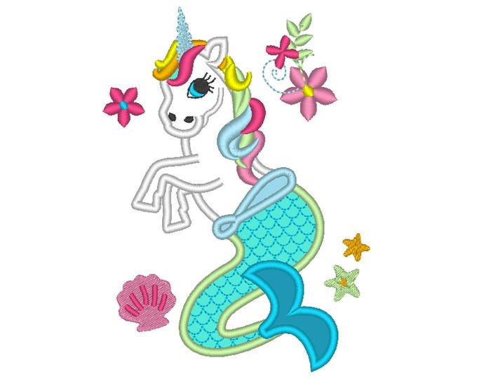 Unicorn Mermaid Mermicorn Cute sea animal Applique machine embroidery designs sizes for hoop 5x7 and 6x10 kids girls tshirt outfit design