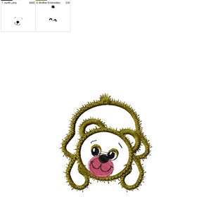 May include: A brown and white embroidered design of a bear with a pink nose and black eyes. The bear is lying down with its head turned to the side. The design is approximately 4 inches wide and 10 centimeters long.