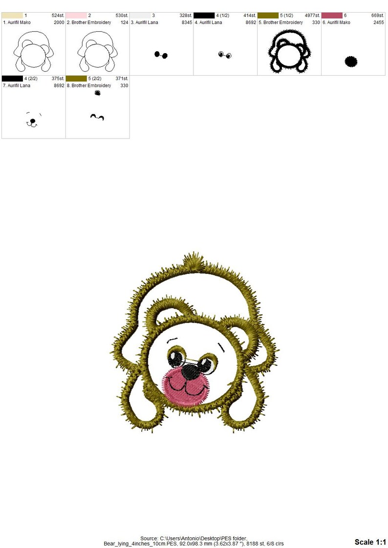 May include: A brown and white embroidered design of a bear with a pink nose and black eyes. The bear is lying down with its head turned to the side. The design is approximately 4 inches wide and 10 centimeters long.