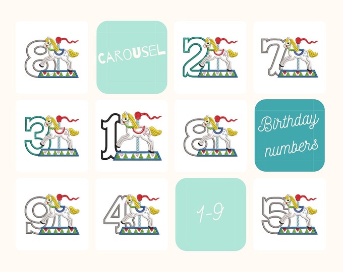 Carousel Horse rearing horse Birthday numbers set 1-9 monogram applique machine embroidery designs assorted sizes 5, 6, 7in INSTANT DOWNLOAD
