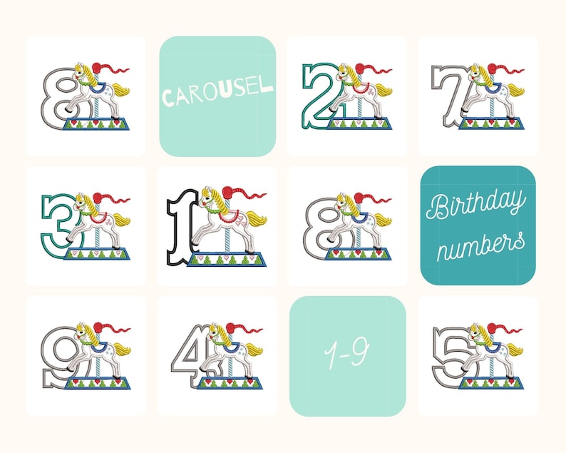 Carousel Horse Rearing Horse Birthday Numbers Set 1-9 Monogram Applique ...