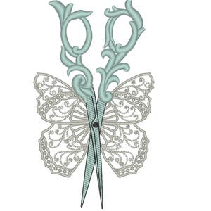May include: A pair of ornate, light blue scissors with a butterfly design. The scissors are open and the butterfly wings are made of a delicate, lace-like pattern.
