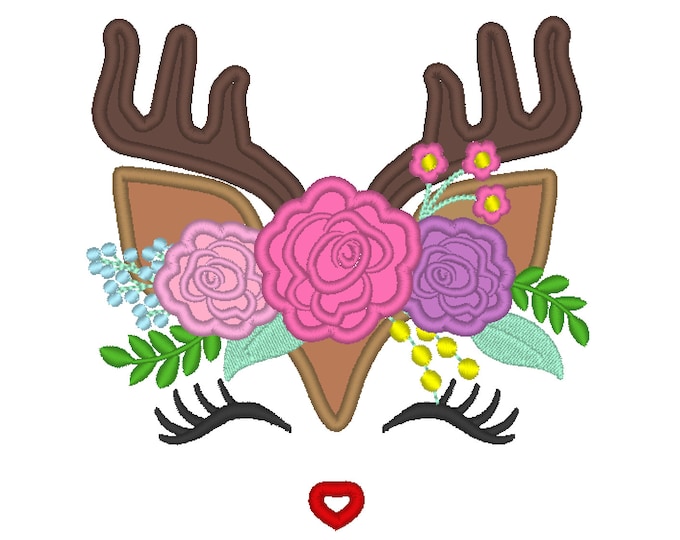 Pretty eyes deer head with shabby chick roses crown applique machine designs applique embroidery deer face