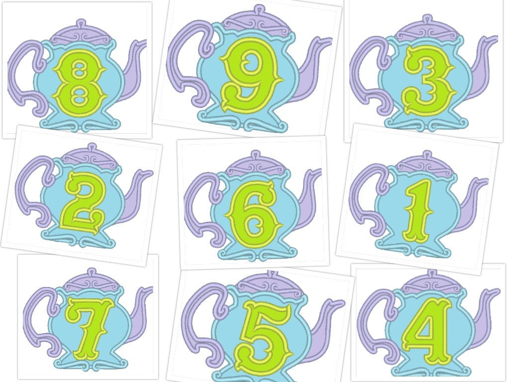 Teapot numbers Birthday numbers, all from 1 to 9, alice tea party