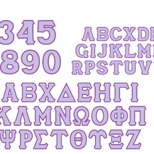Alfabeto inglés y números con hermandades griegas alfabeto completo clásico SATIN applique applique font BIG SET tamaños variados