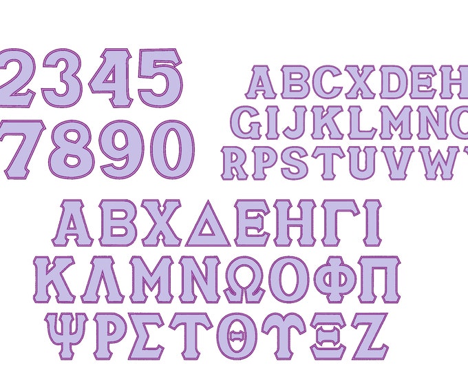 English alphabet and numbers with Greek sororities whole alphabet classic SATIN applique applique font BIG SET assorted sizes