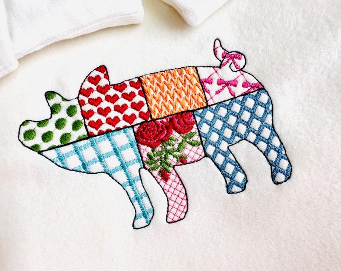 Patchwork Pig Piggy Piggie Farm animal patterned Pig silhouette outline machine embroidery designs sizes 4 up to 7 inch folk farm design