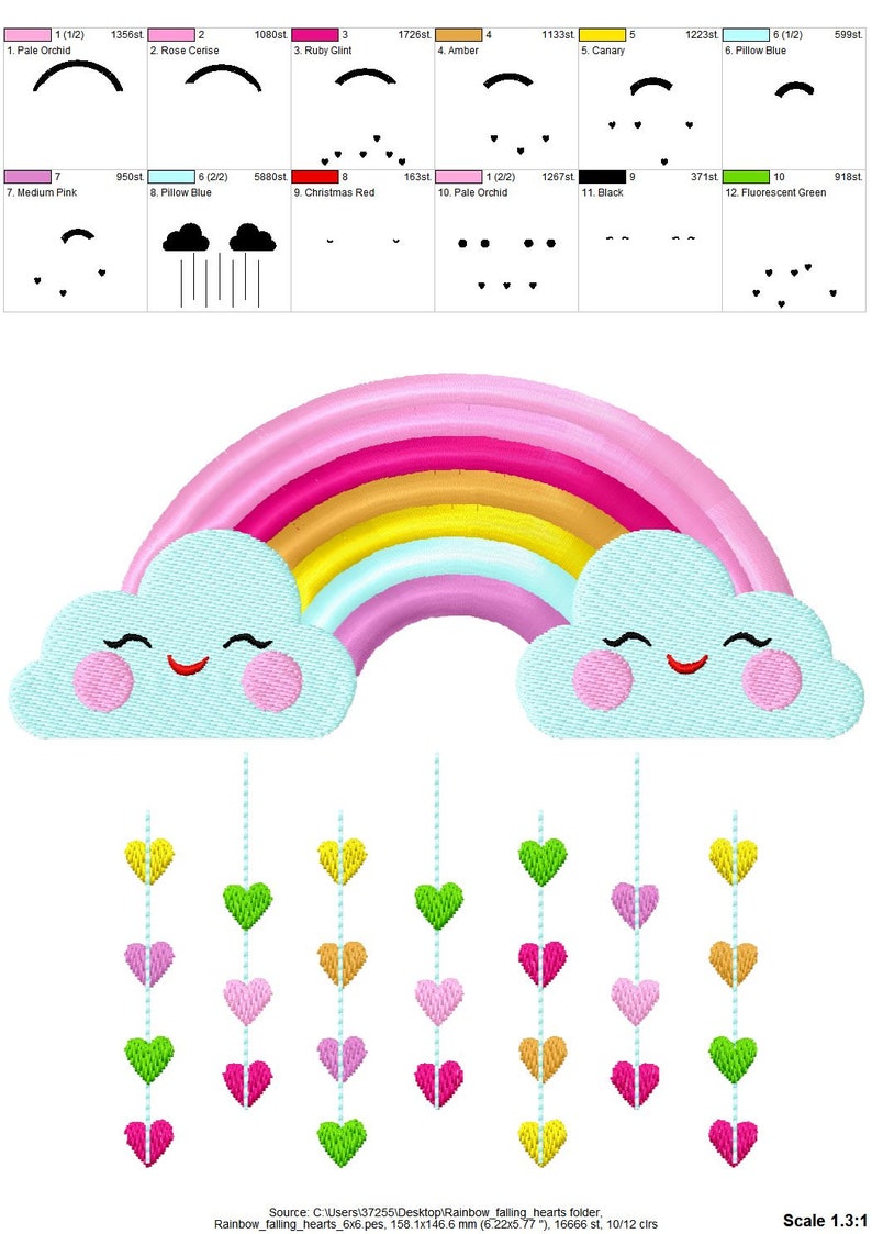 May include: Rainbow embroidery design with two clouds and a string of hearts hanging from the clouds. The rainbow is made up of pink, red, orange, yellow, green, blue, and purple. The clouds are light blue with pink cheeks and black eyes. The hearts are green, yellow, pink, orange, and red.