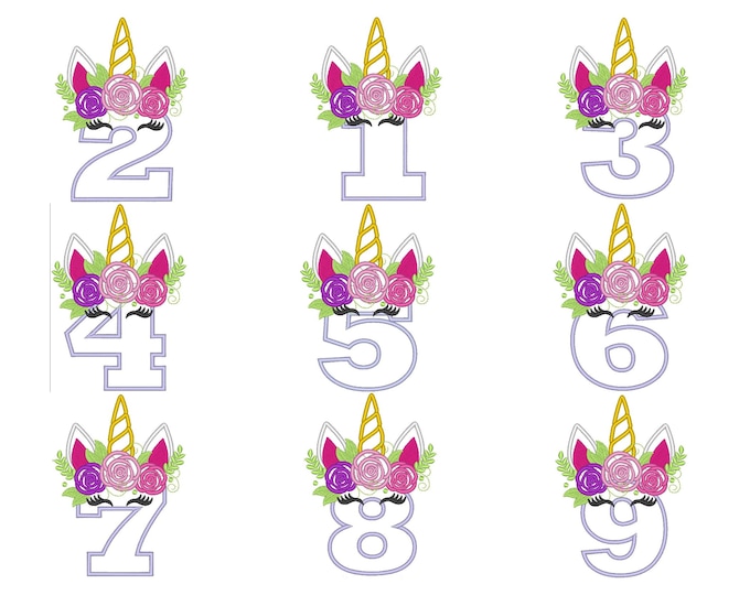Unicorn numbers with roses crown Unicorn Birthday numbers 1-9 kids baby girl outfit applique machine embroidery designs for hoop 5x7, 6x10