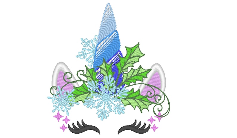May include: A blue and white unicorn horn with green holly leaves and blue snowflakes. The unicorn has pink ears and black eyelashes.