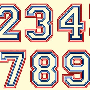May include: A set of ten red, white and blue numbers, 1 through 10, in a bold, outlined font style. The numbers are in a vintage, athletic style.