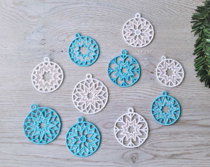 Christmas Tree Ornaments FSL free standing lace SET of 5 lace Snowflake decoration machine embroidery designs assorted sizes classic shape