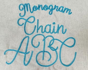 Könnte beinhalten: Nahaufnahme eines hellbeigen Stoffes mit gesticktem Text in einer Schreibschrift. Der Text lautet "Monogramm Kette ABC" in einem leuchtenden Türkis. Die Stickerei hat das Aussehen eines Kettenstichs.