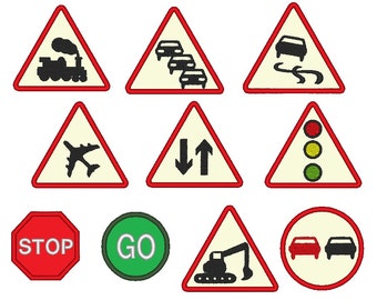 Traffic signs set of 10 - machine embroidery applique designs - INSTANT DOWNLOAD 2, 3, 4, 5 and 6inches